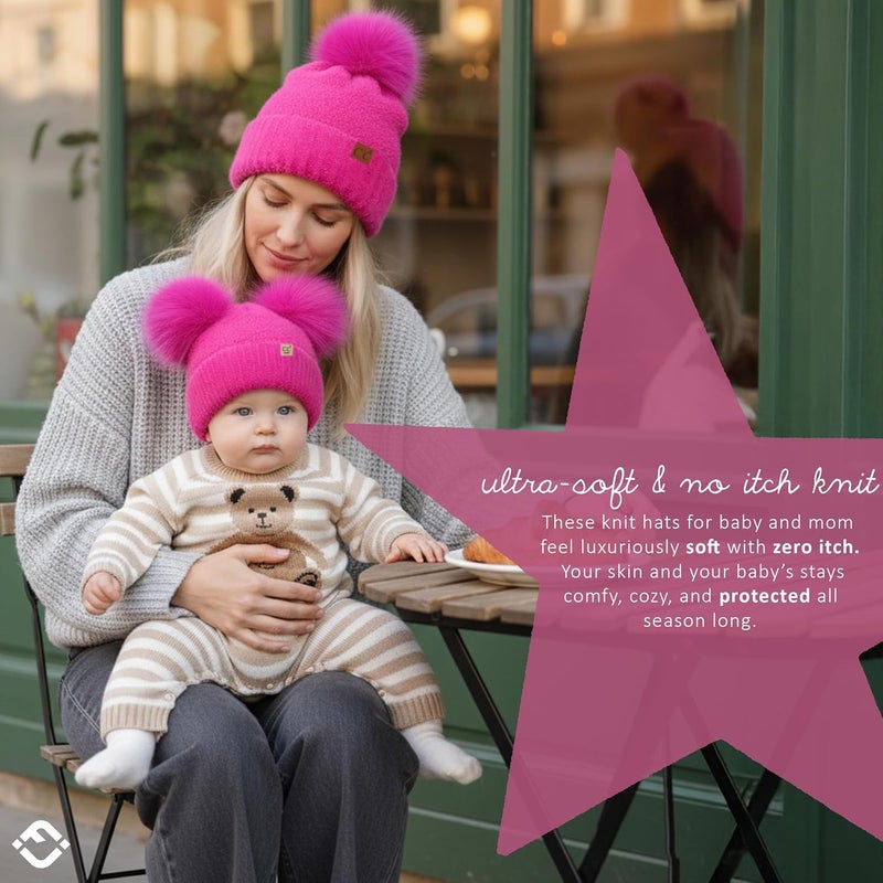 Funky Junque Mommy & Me Double Pom Beanies – Mama & Mini Matching Winter Outfits, Mom & Infant Baby Girl Beanie Hat Set - Image 2